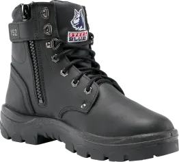 A black safety boot with a logo, ideal for workwear in Ireland.