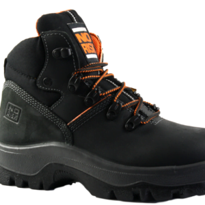 A black and orange safety boot on a white background.