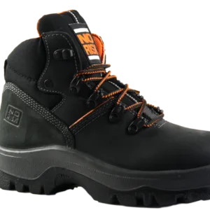 A black and orange safety boot on a white background.