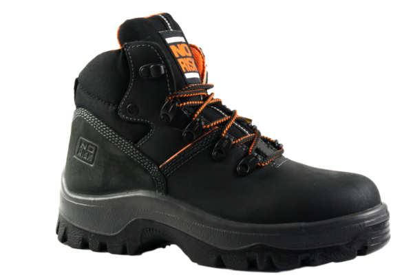 A black and orange safety boot on a white background.