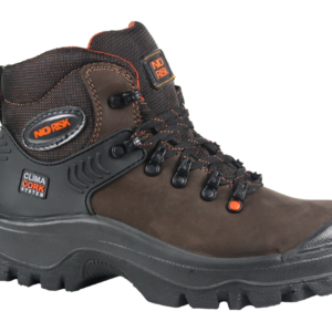 A men's brown and orange safety work boot.