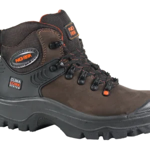 A men's brown and orange safety work boot.