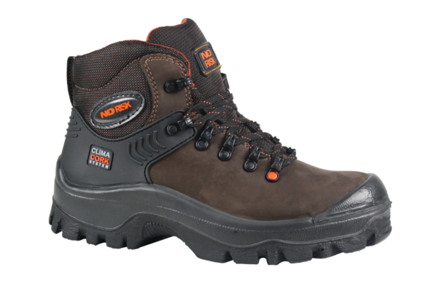A men's brown and orange safety work boot.