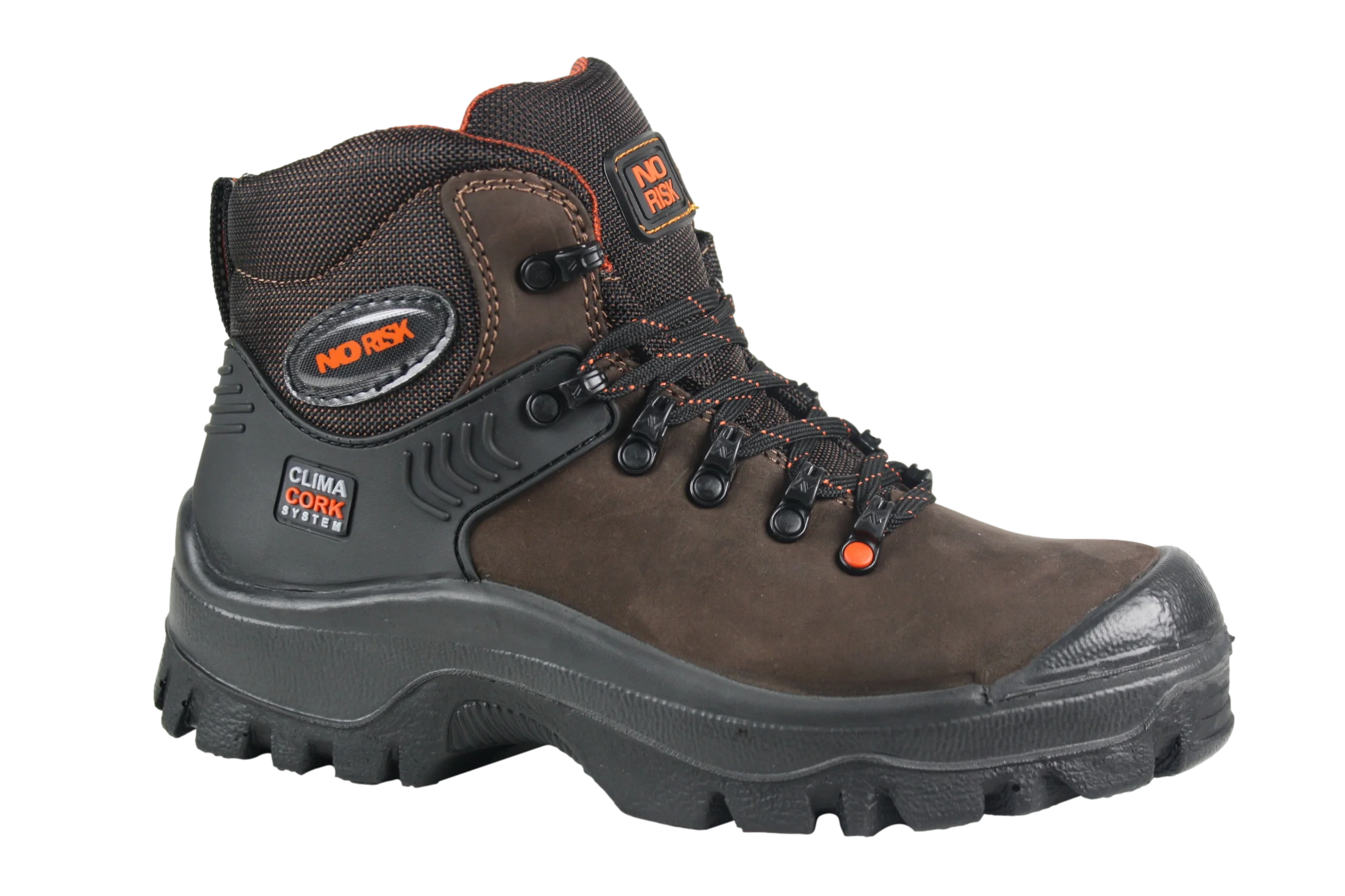 A men's brown and orange safety work boot.