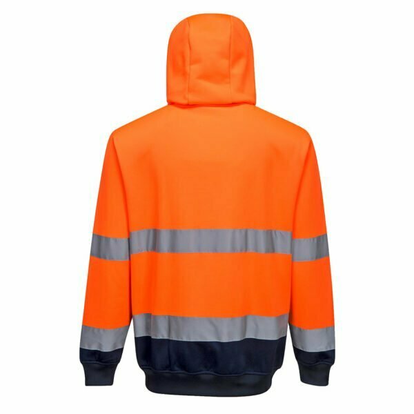An orange and black hoodie with reflective stripes, suitable for Ireland's workwear safety standards.
