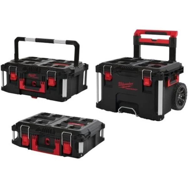 Milwaukee toolboxes with wheels and handles for workwear needs.