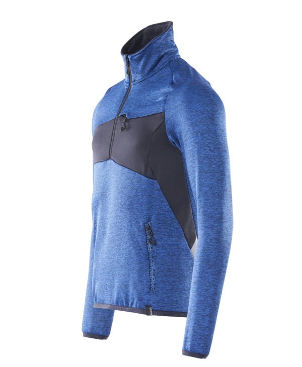 A men's blue and black workwear half-zip sweatshirt.
