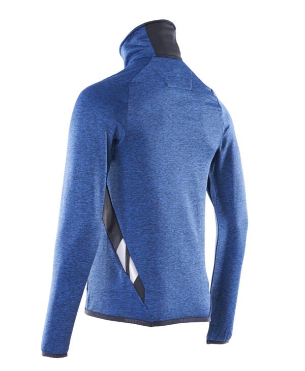 The back view of a blue and black workwear jacket.