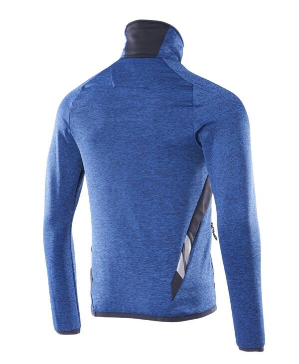 The back view of a blue and black workwear jacket.
