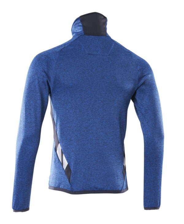 The back view of a men's blue and black workwear sweatshirt.