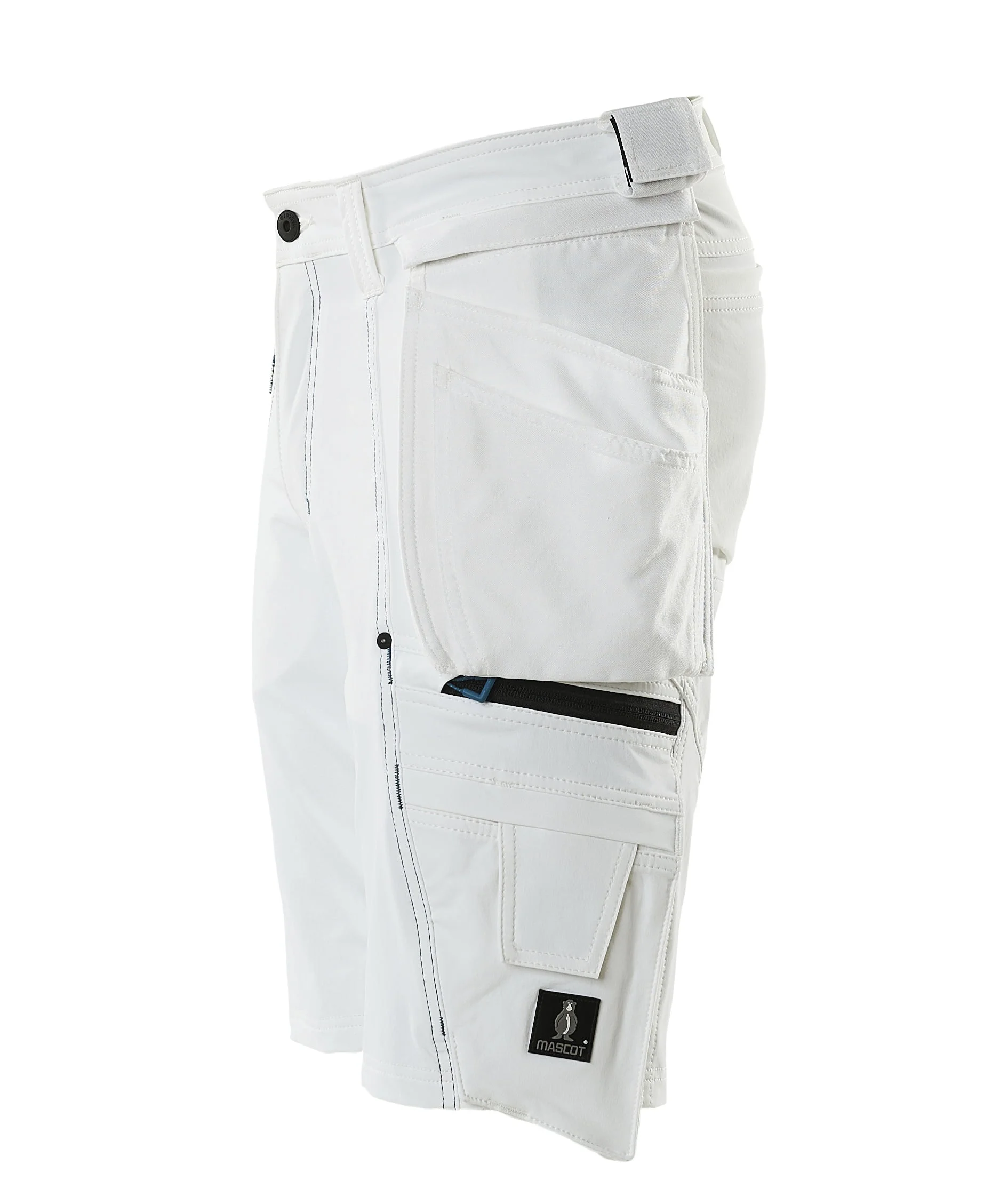 A white men's workwear short with pockets and zippers.