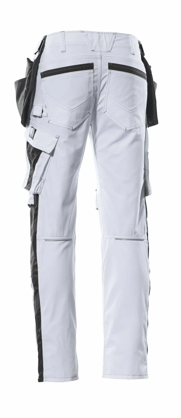A pair of work trousers with knee pads and holster pockets, suitable for workwear and available in white/dark anthracite with black pockets.