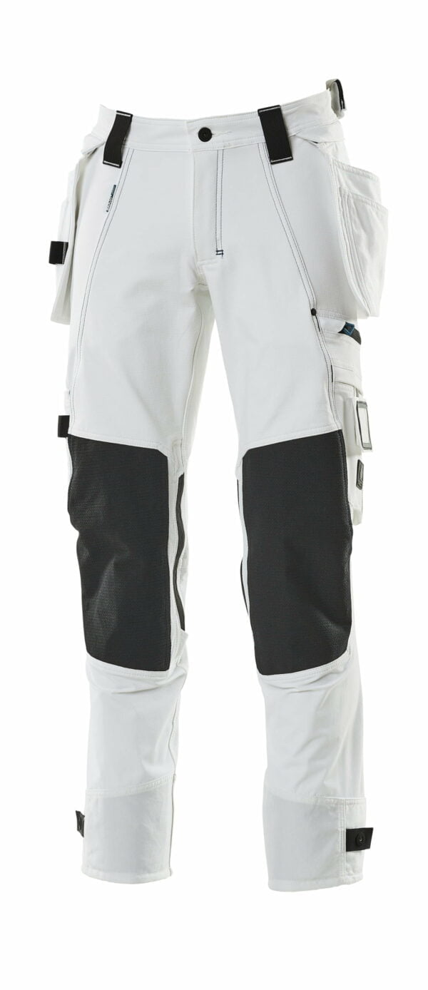 A pair of white work pants suitable for wearing with safety boots.