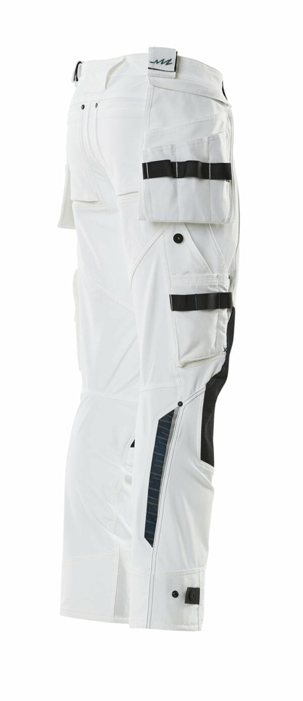 A pair of white work pants with side pockets, suitable for workwear.