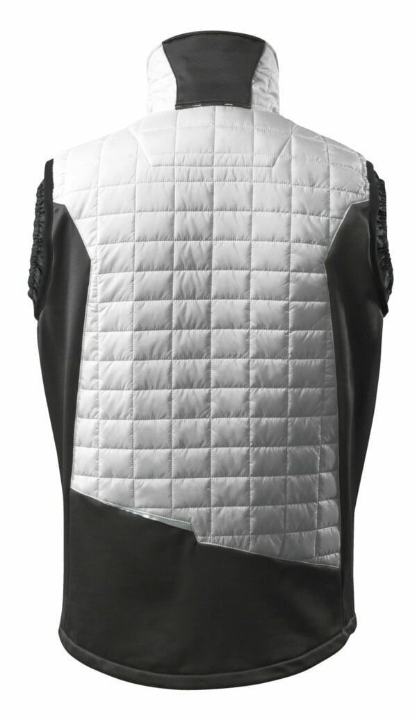 The back of a white and black quilted workwear vest.