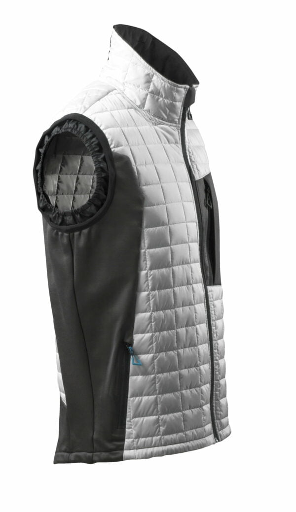 The men's workwear vest is white and black.