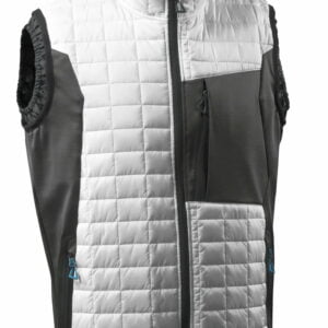 A zippered vest for Ireland's workwear with a combination of white and black colors.