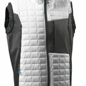 A zippered vest for Ireland's workwear with a combination of white and black colors.