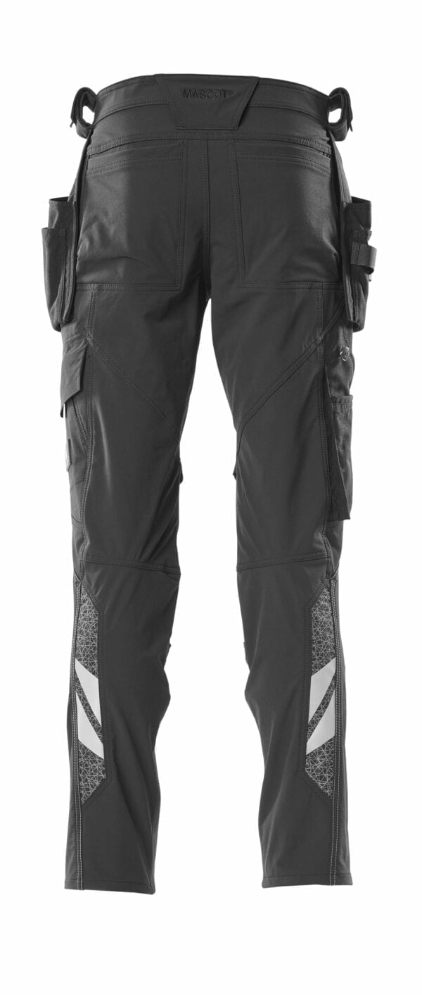 A pair of black cargo pants with reflective details ideal for workwear in Ireland.