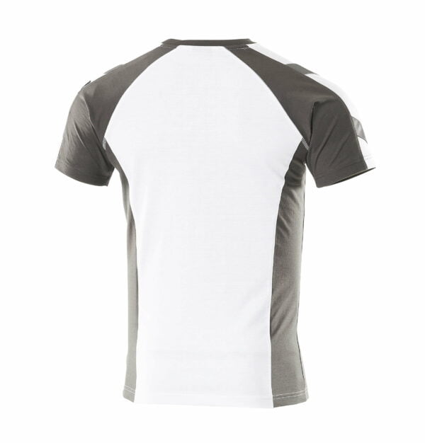 The back view of a white and grey workwear t-shirt.