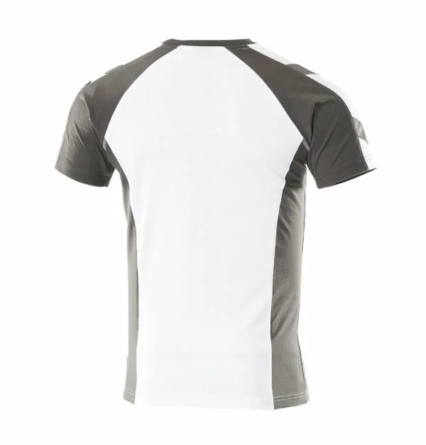 The back view of a white and grey workwear t-shirt.