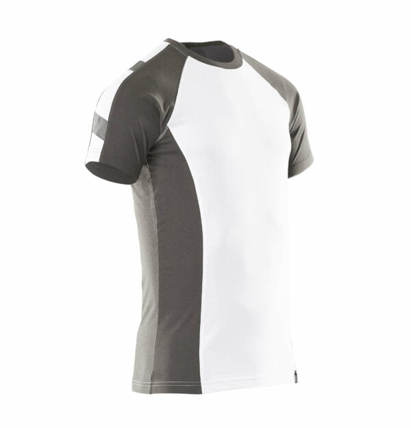 A white and grey workwear t-shirt on a white background.