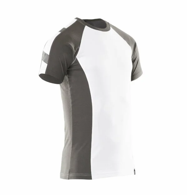 A white and grey workwear t-shirt on a white background.