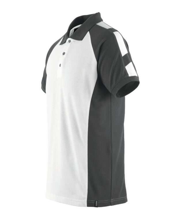 A white and black polo shirt for workwear in Ireland.