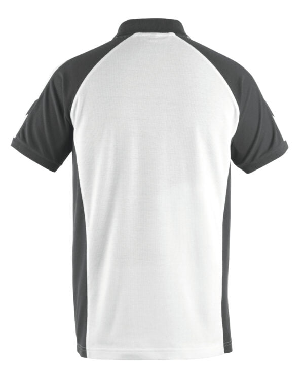 A white and black polo shirt suitable for workwear.