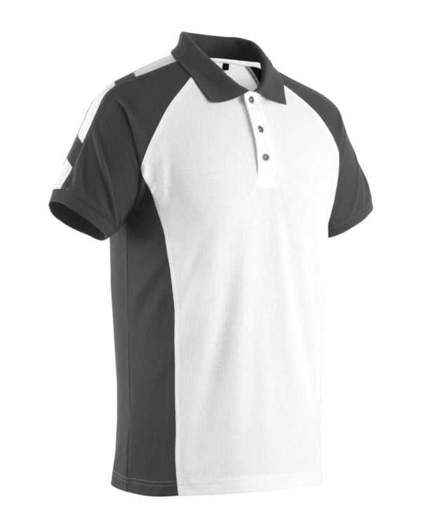 A men's white and black polo shirt for workwear.